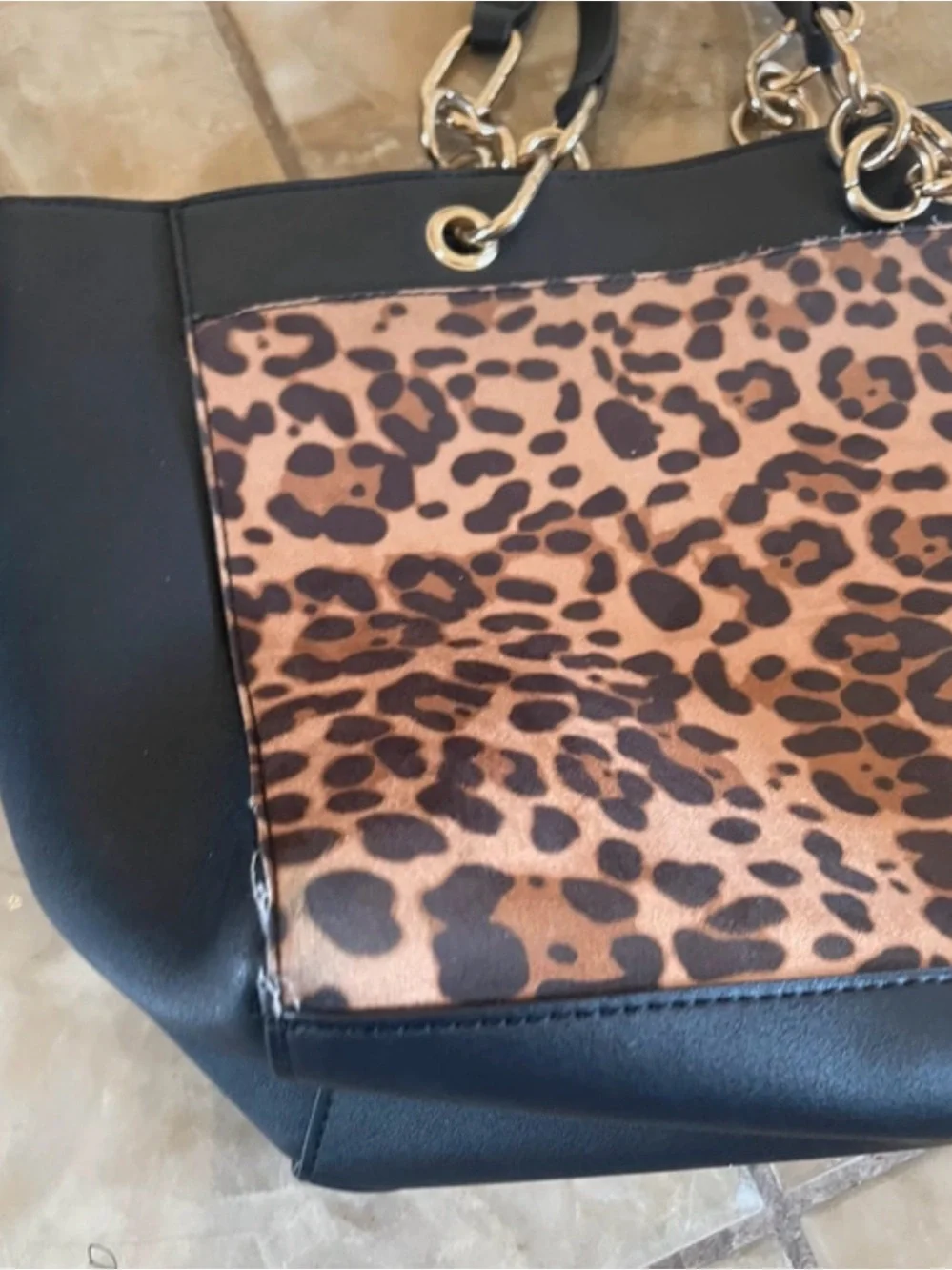 Black Tote Bag with Leopard Print Accent